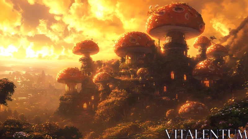 Sunlit mushroom city rising over a glowing fantasy valley.