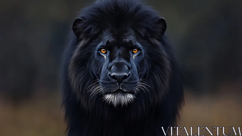 Midnight black lion gazes forward with calm, golden eyes
