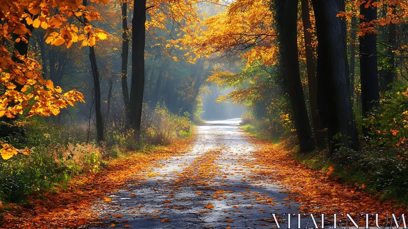 Autumn forest path with river and golden canopy trees.