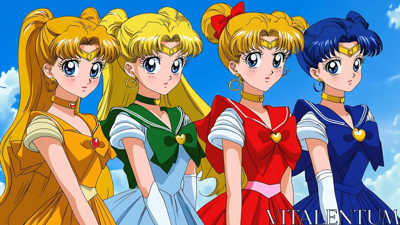 Colorful magical girls stand united in bright sailor outfits