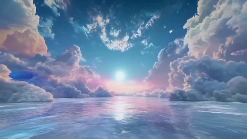 Volumetric cloudscape over reflective ocean with high dynamic range light