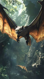 Winged predator glides through misty jungle canyon at dusk.