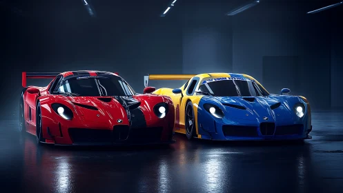 Dueling neon GT racecars idling under midnight pit lights.