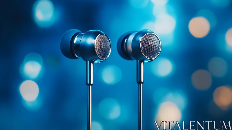 Metallic wired earbuds hover before blurred blue bokeh