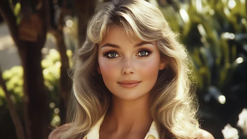 Sunlit portrait of blonde woman with softly glowing bokeh garden.