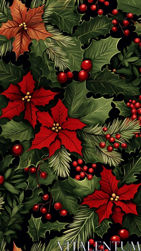 Christmas holly leaves, berries and poinsettia pattern.