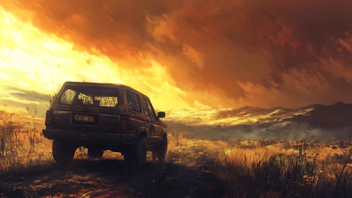 Dusty rover chases a wildfire sunset across lonely plains.