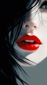 Scarlet lips and shadowed hair in a quiet, moody closeup.