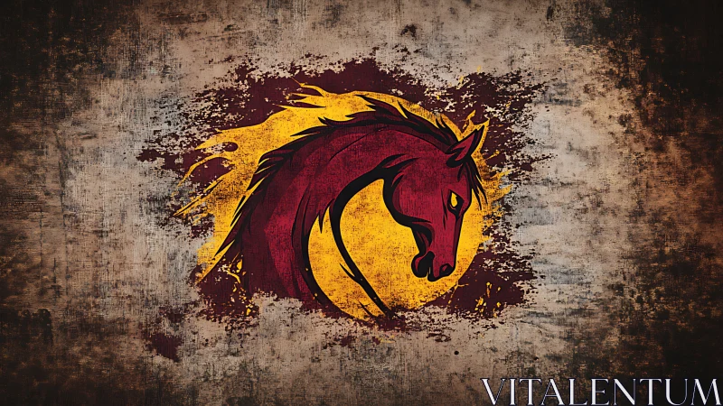 Stylized maroon horse emblem over textured yellow burst