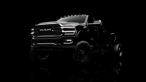 Black pickup truck is rendered with high contrast lighting