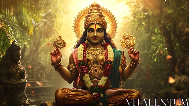 Sunlit forest deity in jeweled serenity, blessing the jungle.