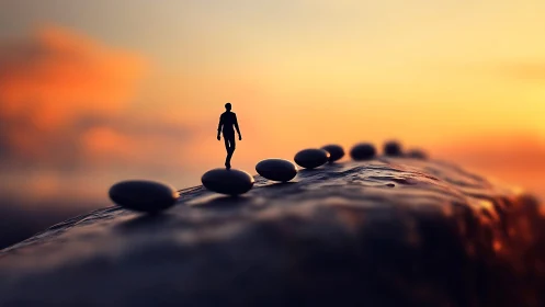 Silhouette walking on wet stones against vivid sunset sky.