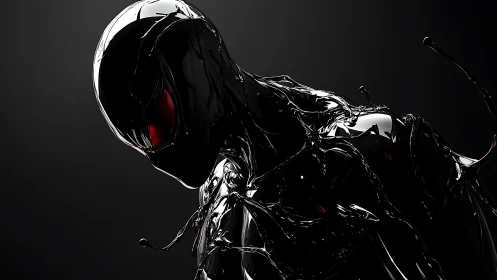 Liquid obsidian humanoid with red ocular glow in darkness.