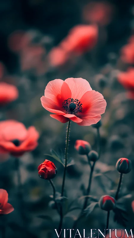 Coral Anemone Bloom Stands Sharp Against Blurred Garden.