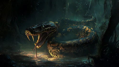 Jungle titan serpent coils in eerie emerald swamplight.
