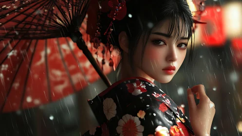 Woman in floral kimono holds red umbrella in night rain