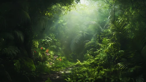 Tropical forest corridor with volumetric light penetration and layered vegetation density