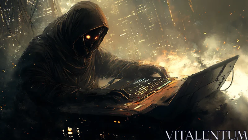 Hooded cyber-specter bends neon code beneath a burning sky