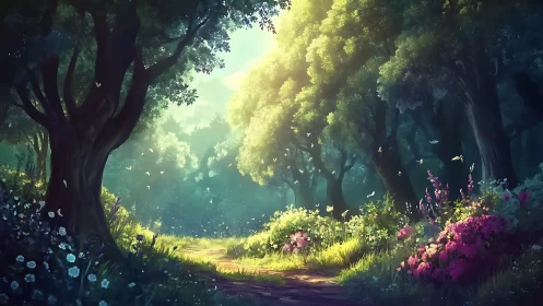 Enchanted Forest Path Bathed in Golden Sunlight