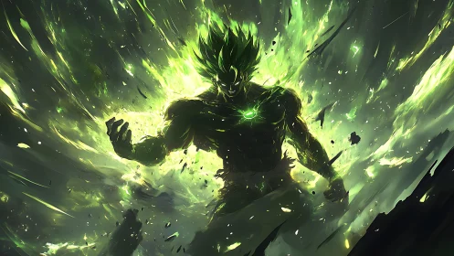 Humanoid figure stands in dense green energy burst with debris