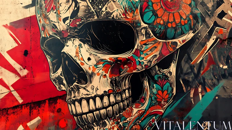 Floral decorated skull graffiti on abstract red wall.