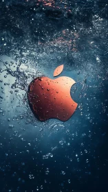 Red metallic apple emblem submerged in turbulent water field.