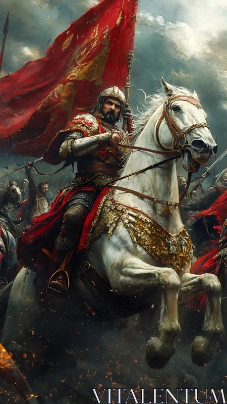 Armored medieval warlord on rearing destrier in fiery charge