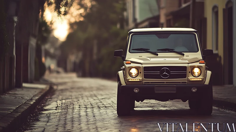 Photorealistic Mercedes G-Class on wet cobblestone street.