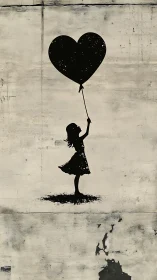 Girl Holding Heart Balloon: Street Art Silhouette.