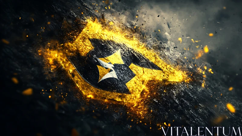 Fiery shattered logo bursting from dark cracked ground.