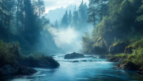 Morning river mist drifts gently through a peaceful forest