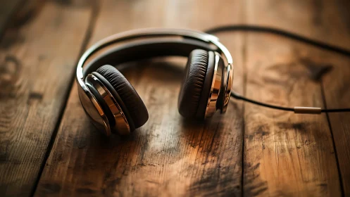 Closed-back wired headphones rest on worn wooden surface