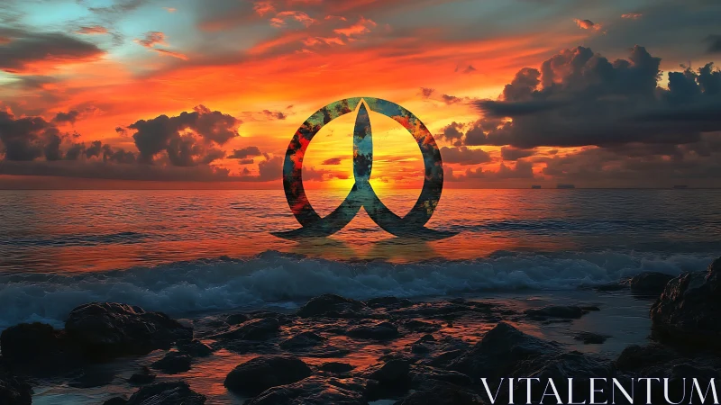 Symbolic emblem rises over vivid ocean sunset horizon