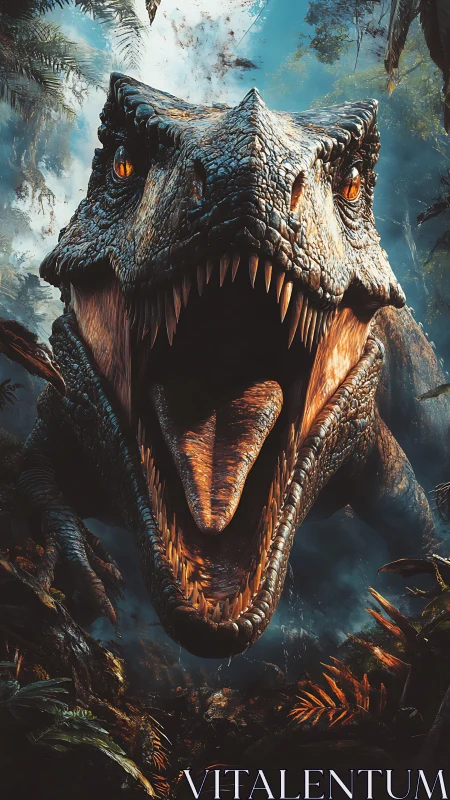 Jurassic thunderjaw lunges forward, jaws carving jungle dusk