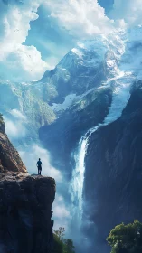 Solitary observer surveys towering glacier-fed waterfall chasm