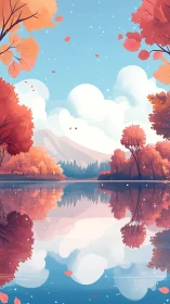 Calm autumn lake reflecting trees and distant mountains.