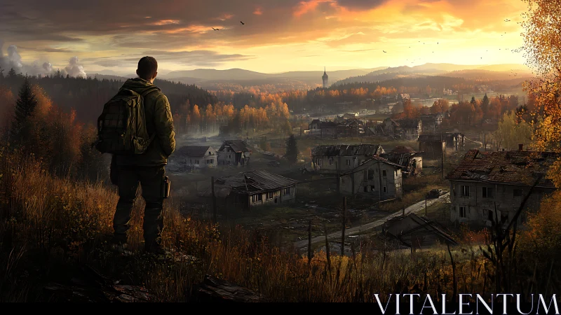 Lone figure surveying autumnal ruins at orange sunset sky.