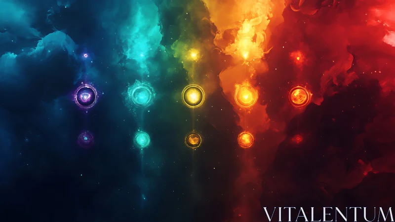 Chromatic cosmic orbs aligned within luminous nebular clouds.