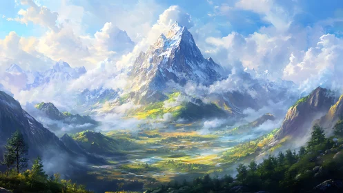 Snowcapped peak over bright valley under vivid clouds.