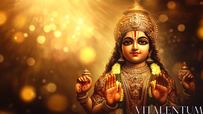 Golden digital depiction of Hindu goddess with glowing aura.