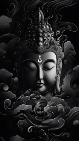 Serene Buddha face drifting in dreamy monochrome clouds.