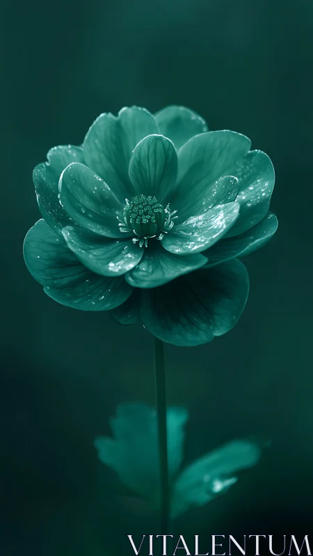 Teal Camellia Blossom with Dewdrops Against Monochromatic Background.