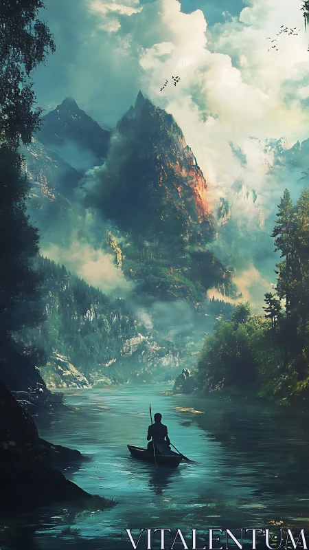 Lone canoeist crosses misty river beneath blazing peaks.