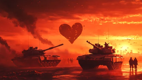 Military tanks positioned at sunset with large heart symbol above.