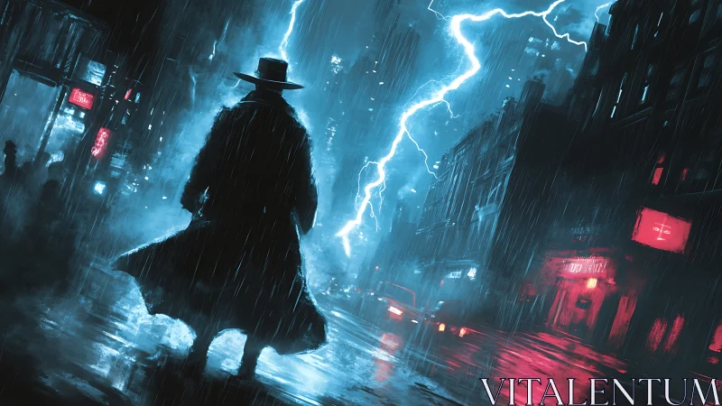 Silhouetted figure in stormlit neon city street at night.