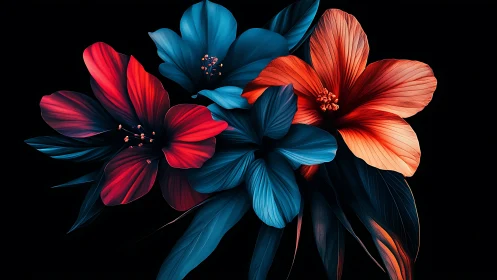 Radiant Flowers with Contrasting Blue and Coral Petals Against Black Background