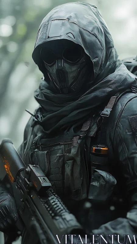 Stealth operative in tactical hood with futuristic rifle.