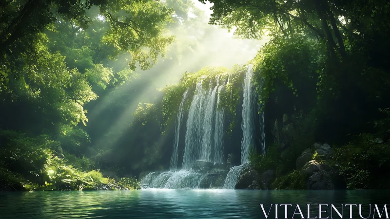 Sunlit Waterfall in Emerald Forest with Cascading Water