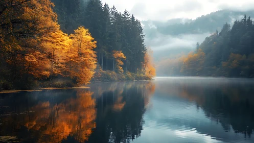 Photorealistic autumn lakeside with misted conifer backdrop.