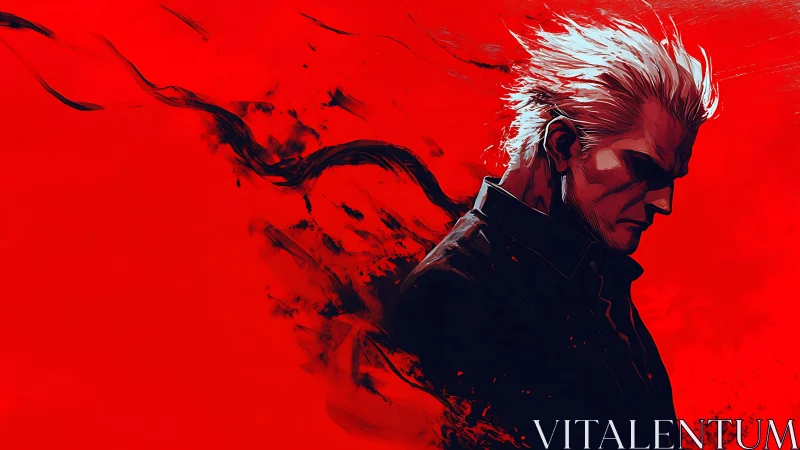 White haired man dissolves into black smoke over red void